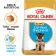 Royal Canin Puppy German Shepherd dog food bag with puppy image, emphasizing breed nutrition, tailored kibble, and immune support.