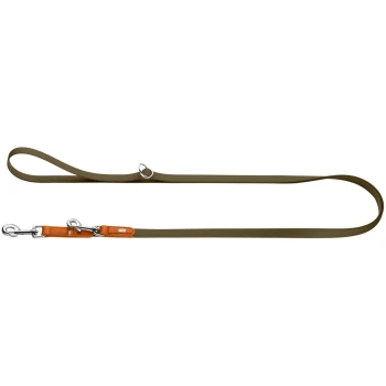 Olivgrüne Hundeleine mit orangefarbenen Lederakzenten, silbernem Karabiner und Ringen, kleinem Logo auf einer Lederlasche.