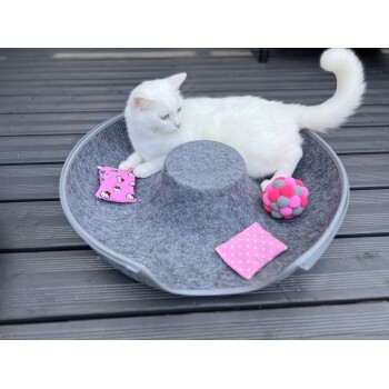 Weiße Katze liegt in einem grauen Filz-Katzenspielzeug mit rosa gepunkteten und Hello-Kitty-gemusterten Kissen sowie einem rosa-grauen Ball.