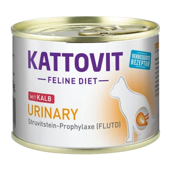 Boîte de nourriture humide pour chat Kattovit Feline Diet urinaire, présentant une silhouette blanche de chat, étiquetée "mit Kalb" et "URINARY" pour la prévention des pierres de struvite.