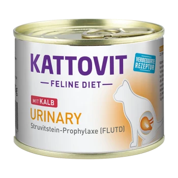 Kattovit Feline Diet Urinary Nassfutterdose für Katzen, mit einer weißen Silhouette einer Katze, beschriftet mit "mit Kalb" und "URINARY" zur Vorbeugung von Struvitsteinen.