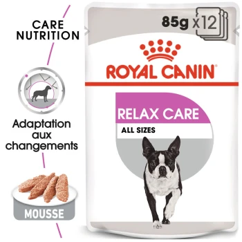 Emballage de nourriture pour chiens Royal Canin Relax Care, avec une illustration de chien courant, étiqueté "85g x 12", avec "Care Nutrition" et "Toutes tailles."