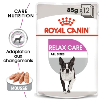 Emballage de nourriture pour chiens Royal Canin Relax Care, avec une illustration de chien courant, étiqueté "85g x 12", avec "Care Nutrition" et "Toutes tailles."