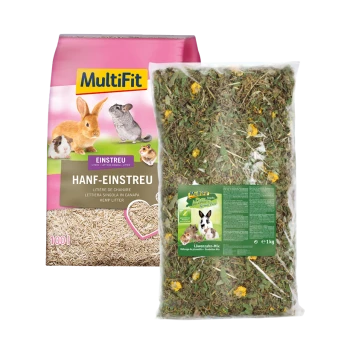 MultiFit Hanfstreu-Beutel (100L) mit Bildern von kleinen Haustieren, neben einem 1-kg-Beutel Löwenzahn-Mix Kräutermischung für Kaninchen.
