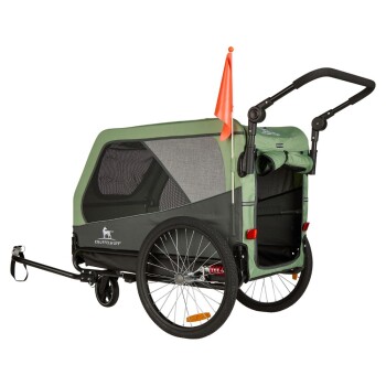 Grüner Knuffelwuff-Haustier-Fahrradanhänger/Kinderwagen mit Netzfenstern, Heckklappe, zwei großen Rädern, Griff und oranger Sicherheitsfahne