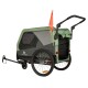 Grüner Knuffelwuff-Haustier-Fahrradanhänger/Kinderwagen mit Netzfenstern, Heckklappe, zwei großen Rädern, Griff und oranger Sicherheitsfahne