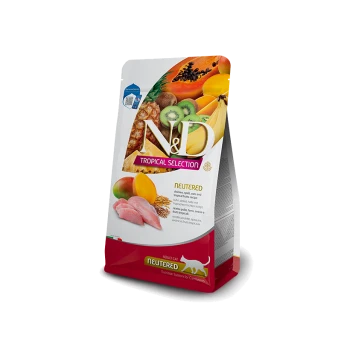 N&D Tropical Selection nourriture pour chats pour adultes stérilisés, présentant des images de fruits et de poulet, avec "NEUTERED" mis en avant sur le sac.