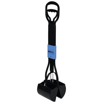 Pelle à déchets pour animaux noire avec un long manche et un logo bleu AniOne, conçue pour un nettoyage facile des déchets d'animaux.