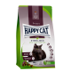 Happy Cat Adult Sterilised kattenvoerzak met een zwarte kat, gelabeld met "1+ jaar," "Weide Lam," en voedingsdetails.