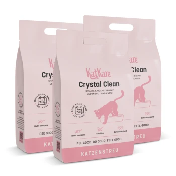 KatKare Crystal Clean Katzenstreu-Beutel, rosa-weiße Verpackung mit Katzenillustration und Text „Nicht klumpend“, „Staubfrei“ und „Geruchsbinden“.