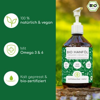 Ein Hund auf grünem Gras neben einer "BIO HANFÖL" Flasche, die Vorteile für Fell, Gelenke und Immunsupport hervorhebt.