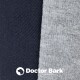 Nahaufnahme von zwei Stofftexturen, eine marineblau und eine hellgrau, mit dem Logo "Doctor Bark", das prominent am unteren Rand angezeigt wird.