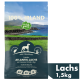 Hundefutterbeutel mit dem Etikett "100% Irland", vor einer malerischen Küstenlandschaft. Enthält "Irischer Atlantik-Lachs mit Gemüse & Kelp-Alge", 1,5 kg.