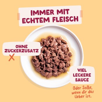 Schüssel mit stückigem Nassfutter in Soße mit den Texten IMMER MIT ECHTEM FLEISCH, OHNE ZUCKERZUSATZ, VIEL LECKERE SAUCE