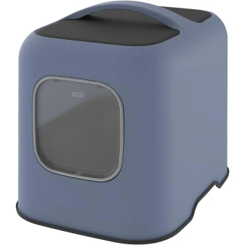 Blaue Katzentoilette mit transparentem Türchen und strukturiertem schwarzen Deckel, ausgestattet mit einem Griff für einfachen Transport.