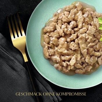 Nassfutter für Haustiere in Soße auf einem hellgrünen Teller, mit einer goldenen Gabel daneben und dem Text "GESCHMACK OHNE KOMPROMISSE" darunter.