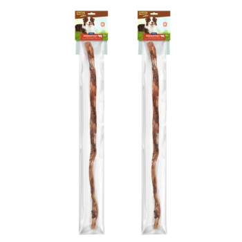 Zwei verpackte Hundekauartikel, die langen, natürlichen Knochen ähneln, in klarem Plastik mit einem braunen Header, der ein Hundebild und den Text 'Natürlich' zeigt.
