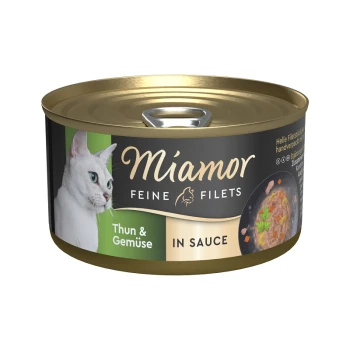 Une boîte de nourriture pour chats Miamor avec du thon fin et des légumes dans une sauce, avec une image en gros plan d'un chat blanc sur l'étiquette.