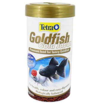 Tetra Goldfish Gold Japan, a premium food for fancy goldfish, featuring images of goldfish and a "Clean & Clear Water Formula" label.