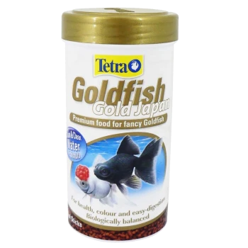 Tetra Goldfish Gold Japan, a premium food for fancy goldfish, featuring images of goldfish and a "Clean & Clear Water Formula" label.