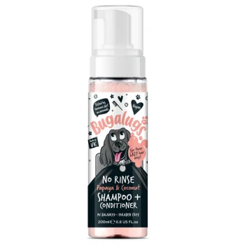 Flasche von Bugalugs No Rinse Papaya & Coconut Shampoo + Conditioner, 200ml, mit einem Cartoon-Hund, veganem Etikett und dem Text "Für diese faulen Haartage!"