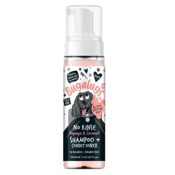 Flasche von Bugalugs No Rinse Papaya & Coconut Shampoo + Conditioner, 200ml, mit einem Cartoon-Hund, veganem Etikett und dem Text "Für diese faulen Haartage!"