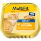 Tierfutterverpackung mit einer roten Katze, beschriftet "MultiFit Paté Adult" mit Text, der angibt, dass es Huhn und Milchfüllung enthält.