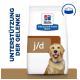 Hill's Prescription Diet j/d Hundefuttertüte, mit einem Golden Retriever und dem Text "Unterstützung der Gelenke" auf der linken Seite.