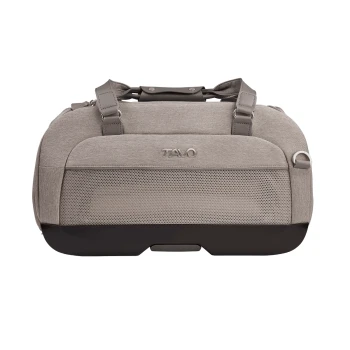 Graue Tragetasche für Haustiere mit Netzpaneelen, mit doppelten Griffen und einem Logo, das "TAVO" liest.