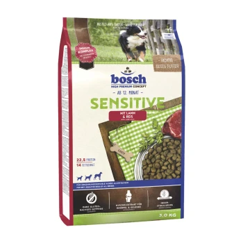 Sensitive Lamm & Reis 3 kg Bosch Sensitive Hundefutterbeutel, 3 kg, mit Lamm und Reis, mit Nährwertangaben: 22,5% Protein, 14% Fett, geeignet für Hunde über 12 Monate.