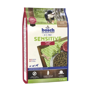 Bosch Sensitive Hundefutterbeutel, 3 kg, mit Lamm und Reis, mit Nährwertangaben: 22,5% Protein, 14% Fett, geeignet für Hunde über 12 Monate.