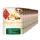 Dosen von Morgen-Menü Hundefutter mit biologischem Huhn, Früchten und Kartoffeln, als glutenfrei und geeignet für erwachsene Hunde gekennzeichnet.