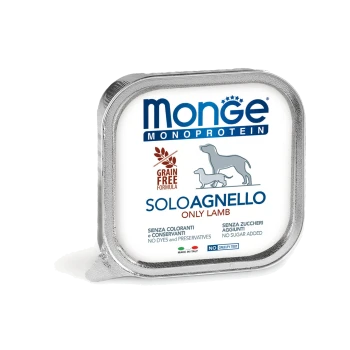 Verpackung von Monge Monoprotein Hundefutter mit "Soloagnello Only Lamb" und dem Etikett "Getreidefreie Formel" ohne Farbstoffe oder Konservierungsstoffe.