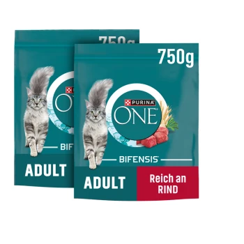 Deux sacs de 750g de nourriture pour chats Purina ONE Bifensis Adult, saveur bœuf, avec un chat tigré gris sur l'emballage.