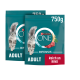 Zwei 750g Beutel Purina ONE Bifensis Adult Katzenfutter, Rindergeschmack, mit einer grau getigerten Katze auf der Verpackung.