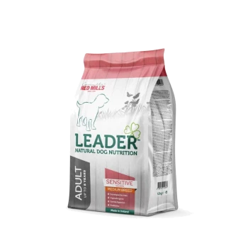 Leader Natural Dog Nutrition Adult Sensitive Salmon Medium Breed dog food bag, 12kg, made in Ireland.