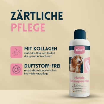 Eine Flasche Nimo "Hunde Shampoo" für Hunde, die Kollagen für Haarstärke und eine duftfreie Formel hervorhebt.