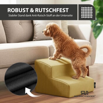 Flauschiger brauner Welpe auf gelben, zweistufigen Haustierstufen; Einsatz zeigt schwarze Anti-Rutsch-Sohle. Sichtbarer Text: ROBUST & RUTSCHFEST.