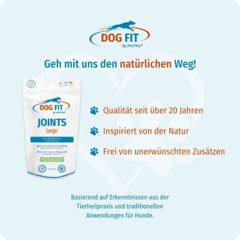 Dog Fit JOINTS große Tüte und Logo; deutsche Überschrift 'Geh mit uns den natürlichen Weg!' sowie 'Qualität seit über 20 Jahren'