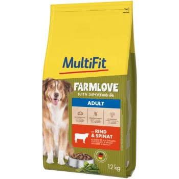 Sac de nourriture pour chien étiqueté "MultiFit Farmlove avec Superfood," présentant un chien à gauche, indiquant "Adulte" et "avec Bœuf & Épinards," 12 kg.