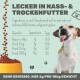 Bild eines glücklichen Hundes mit herausgestreckter Zunge neben einer Schüssel mit Haustierfutter. Der Text enthält Fütterungshinweise für Katzen und Hunde basierend auf dem Gewicht.