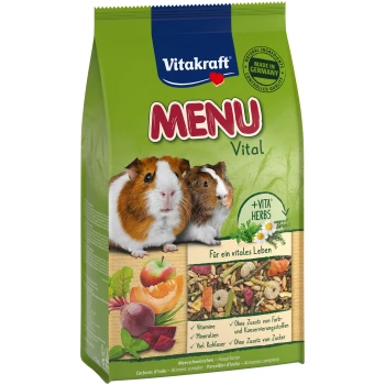 MENU Vital Meerschweinchen 1’000 kg Eine Tüte Vitakraft MENU Vital Meerschweinchenfutter mit zwei Meerschweinchen auf der Vorderseite, mit Text, der natürliche Zutaten und Vitamine hervorhebt.