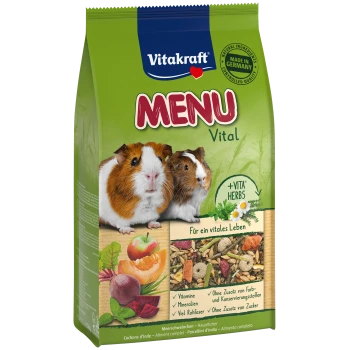 Eine Tüte Vitakraft MENU Vital Meerschweinchenfutter mit zwei Meerschweinchen auf der Vorderseite, mit Text, der natürliche Zutaten und Vitamine hervorhebt.
