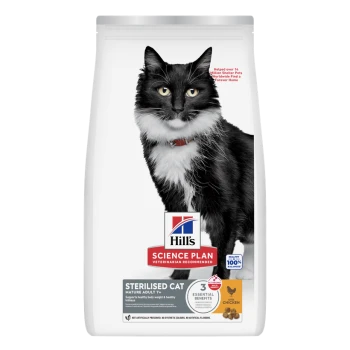 Zak Hill's Science Plan Sterilised kattenvoer met zwart-witte kattenfoto; etiket toont 'Mature Adult 7+' en 'Chicken'.