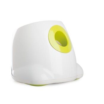 Weiße und limettengrüne moderne Katzentoilette mit rundem Eingang auf weißem Hintergrund.