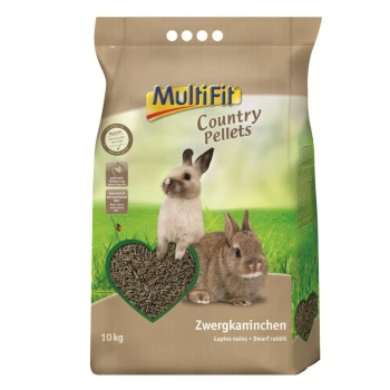 Ein 10 kg Sack MultiFit Country Pellets für Zwergkaninchen, mit Bildern eines weißen und braunen Kaninchens vor einem grasigen Hintergrund.