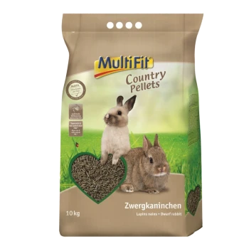 Een zak van 10 kg MultiFit Country Pellets voor dwergkonijnen, met afbeeldingen van een witte en bruine konijn op een grasachtige achtergrond.