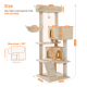 Katzenbaum mit mehreren Ebenen, Kratzpfosten und einem hängenden Spielzeug; Abmessungen und maximale Tragfähigkeit von 20,5 kg (45 lb) angegeben.