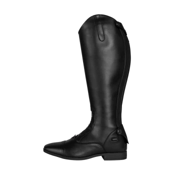 Schwarze Lederreitstiefel mit schlankem Design, seitlichem Reißverschluss und dekorativer Schnürung auf der Vorderseite.
