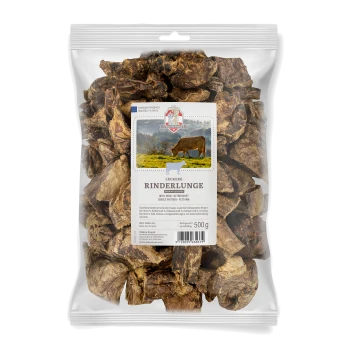Getrocknete Rinderlunge-Hundeleckerlis in einer klaren Tüte, beschriftet mit "Leckere Rinderlunge", 500g, mit einem Kuhbild und Nährwertangaben.